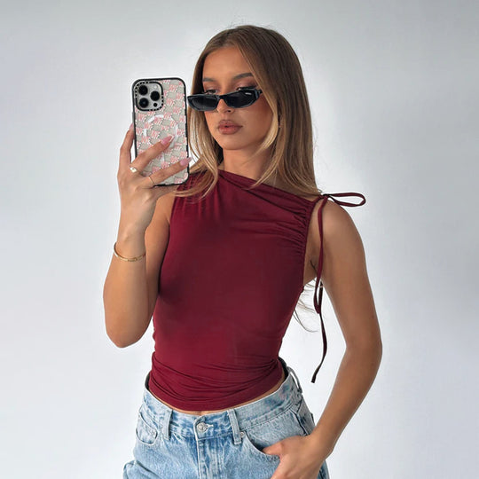 Damen asymmetrisches Top mit Rüschendetails und einseitigen Knoten R&B