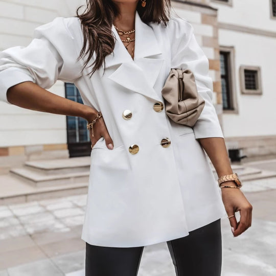 Damen eleganter Oversize-Blazer mit Taschen und Knopfdetails R&B