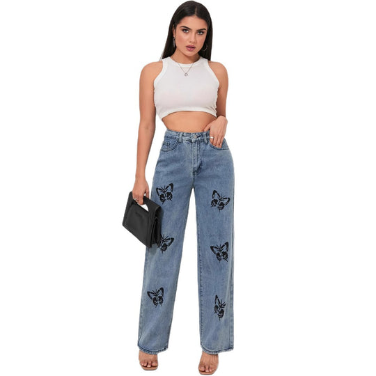 Damen Weite Jeans mit auffälligen Schmetterlings-Prints R&B