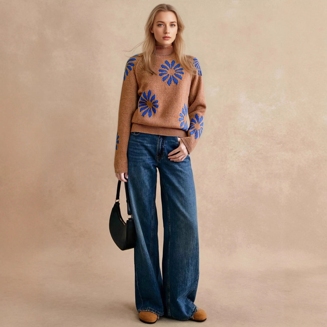 Damen farbenfroher Strickpullover mit floralem Muster R&B