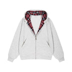 Damen lässige Kapuzenjacke mit Karo-Innenfutter und durchgehendem Reißverschluss R&B