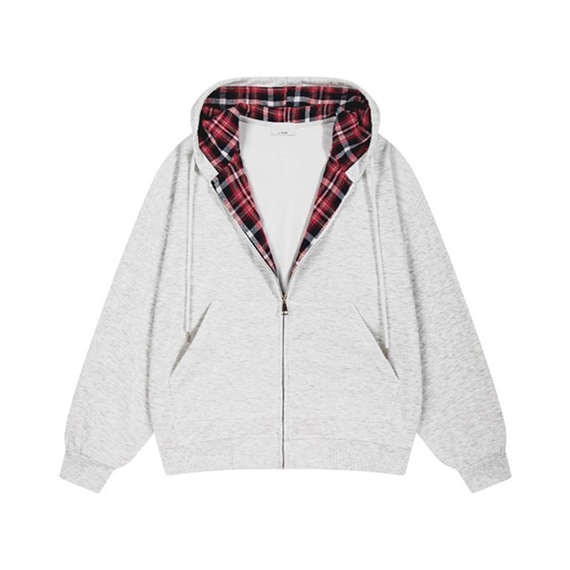 Damen lässige Kapuzenjacke mit Karo-Innenfutter und durchgehendem Reißverschluss R&B