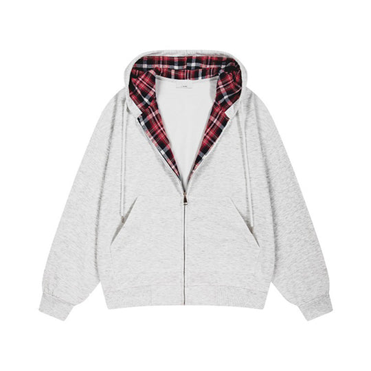 Damen lässige Kapuzenjacke mit Karo-Innenfutter und durchgehendem Reißverschluss R&B