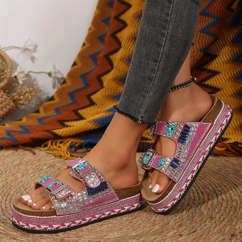 Damen bequeme Sandalen mit dekorativen Steinen und breiten Riemen R&B