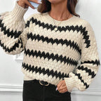 Damen Grobstrickpullover mit geometrischem Muster und voluminösen Ärmeln