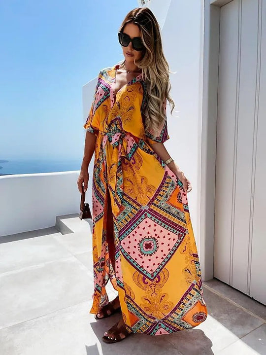 Damen Maxikleid mit buntem Muster R&B