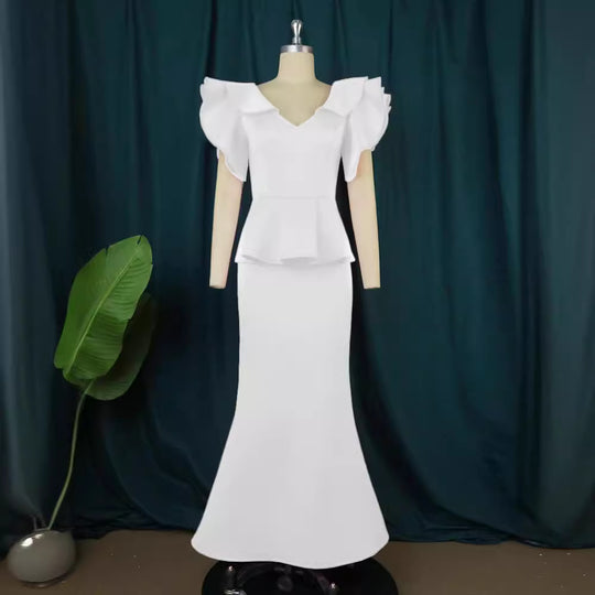 Damen elegantes Peplum-Abendkleid mit voluminösen Ärmeln R&B