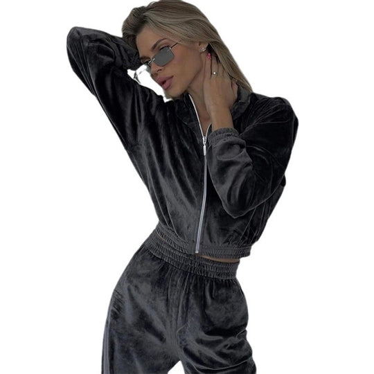 Damen Freizeit-Loungewear-Set aus samtigem Material mit hohem Kragen und Reißverschluss R&B