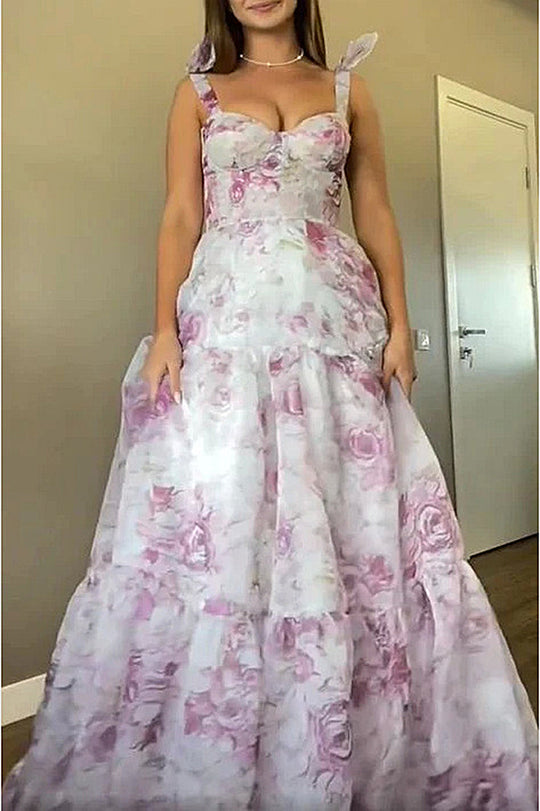 Damen Elegantes Maxikleid mit floralen Details und Rüschenträgern R&B