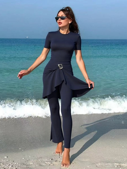 Damen eleganter Schwimmanzug mit asymmetrischem Rock und figurbetonendem Design R&B
