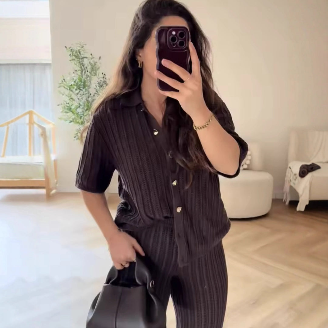 Damen Weite Strickpalazzo-Hose mit Elastischem Bund und Eleganter Struktur R&B
