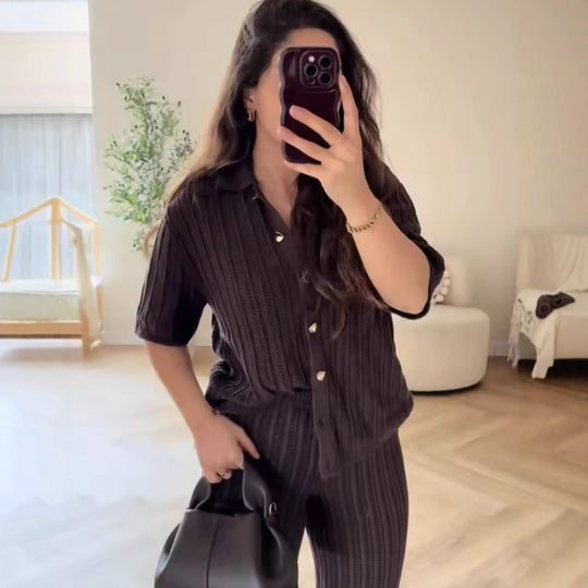 Damen Weite Strickpalazzo-Hose mit Elastischem Bund und Eleganter Struktur R&B