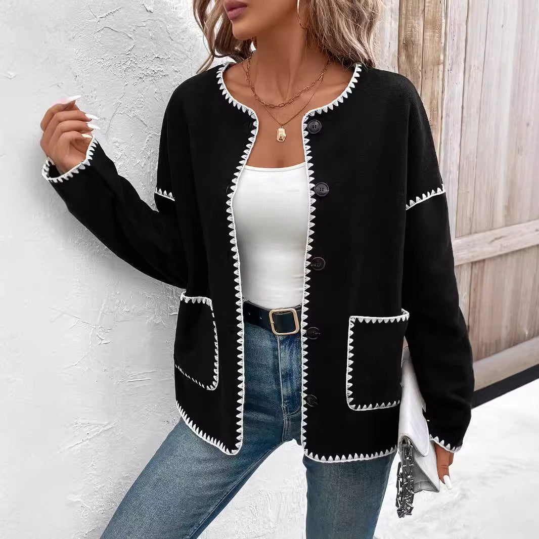 Damen modische Strickjacke mit dekorativem Kontrastbesatz und großen Taschen R&B