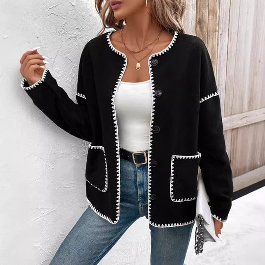 Damen modische Strickjacke mit dekorativem Kontrastbesatz und großen Taschen R&B