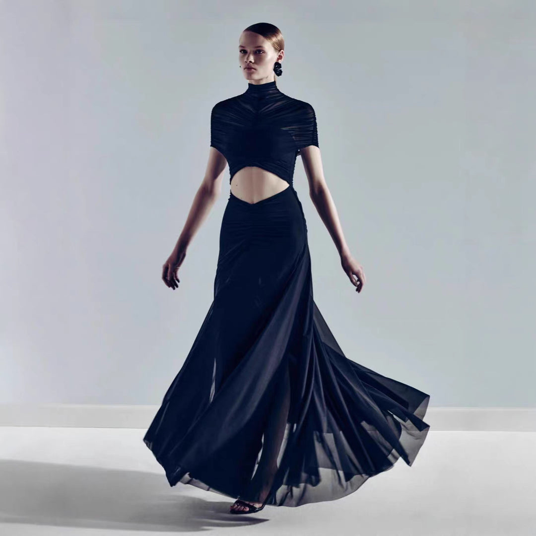 Damen Elegantes Cut-Out Maxikleid mit hochgeschlossenem Design und raffinierten Drapierungen R&B