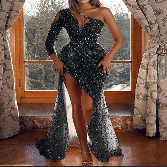 R&B | Puff Kurzarm Tailliertes Pailletten Midi Partykleid