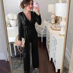 Damen Eleganter Jumpsuit mit V-Ausschnitt und schimmerndem Detail R&B