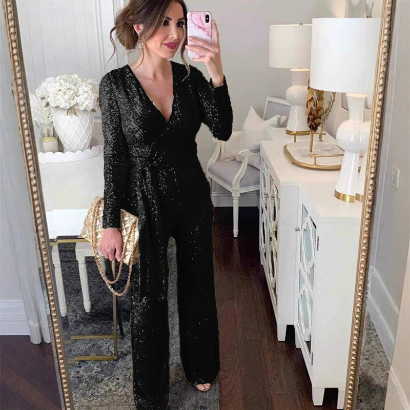 Damen Eleganter Jumpsuit mit V-Ausschnitt und schimmerndem Detail R&B
