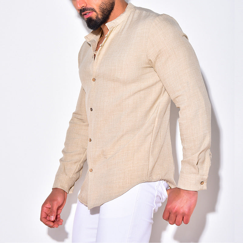 Herren modisches Leinenhemd mit verdeckter Knopfleiste und praktischen Manschetten R&B