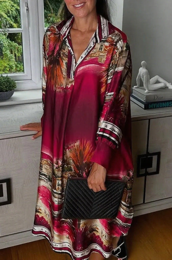 Damen nan Seidenoptik-Hemdkleid im Kaftanstil mit illustrativem Küstenprint R&B
