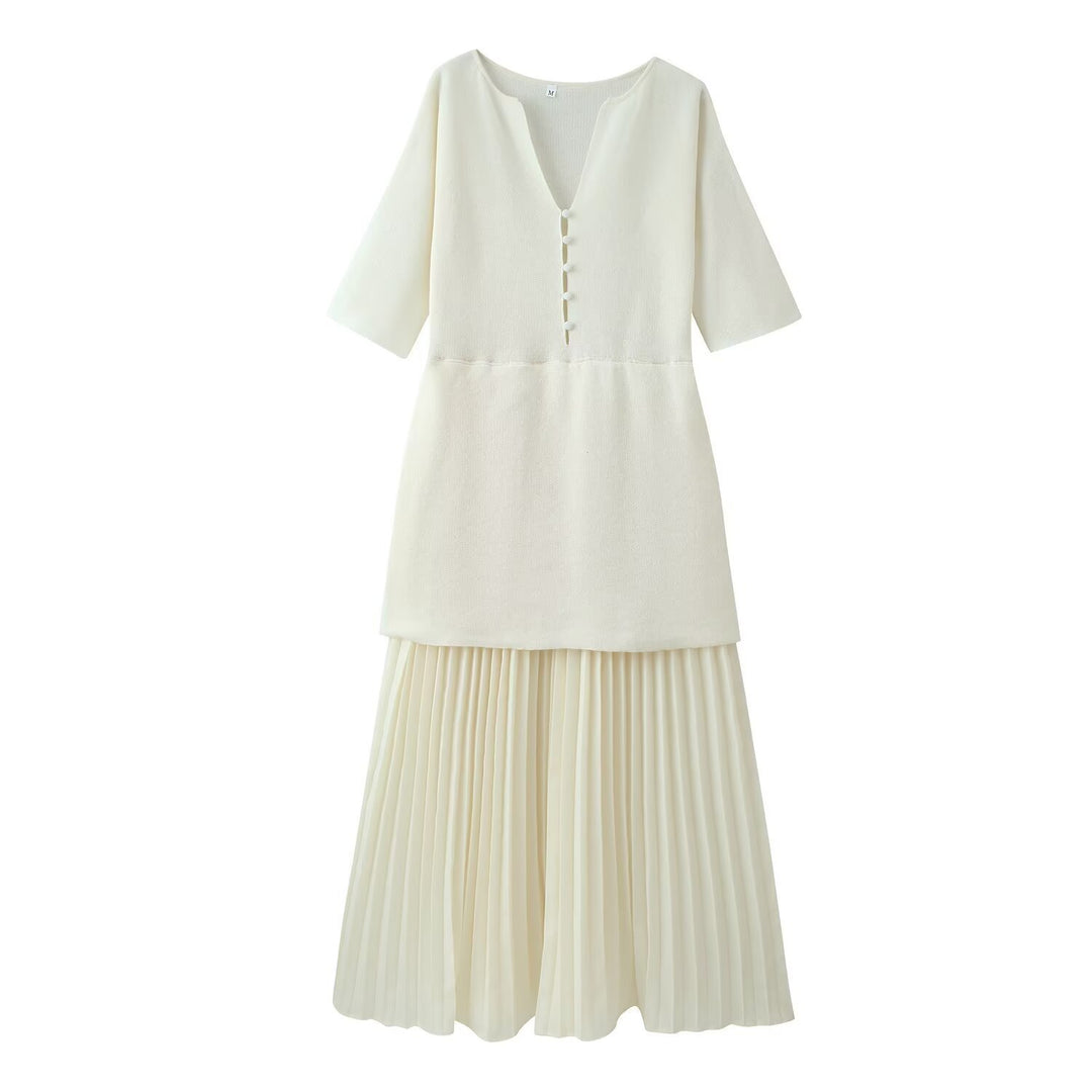 Damen plissiertes Midi-Kleid mit eleganter Knopfleiste und V-Ausschnitt R&B