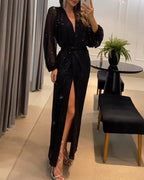 Damen elegantes Maxikleid mit glitzernden Details und raffiniertem V-Ausschnitt