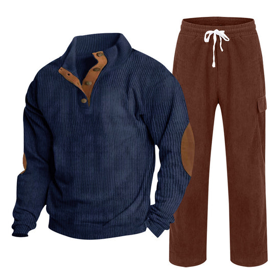 Herren nan Strick-Freizeitset mit Knopfleiste und Ellenbogenaufnähern sowie Cord-Cargohose R&B