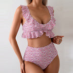 Damen Hochgeschnittener Bikini mit floralem Rüschendesign R&B