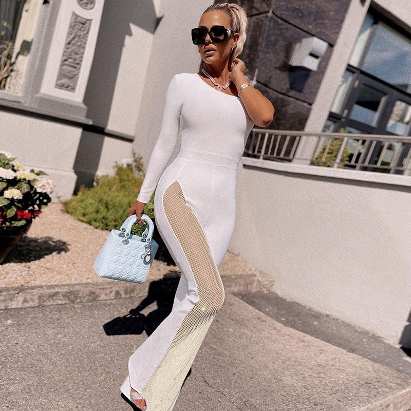 Damen edler Sport-Jumpsuit mit asymmetrischem Schnitt und Mesh-Einsätzen R&B