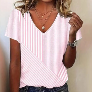 Damen nan gestreifte V-Ausschnitt-Bluse mit asymmetrischem Streifenmix und Kurzarm R&B