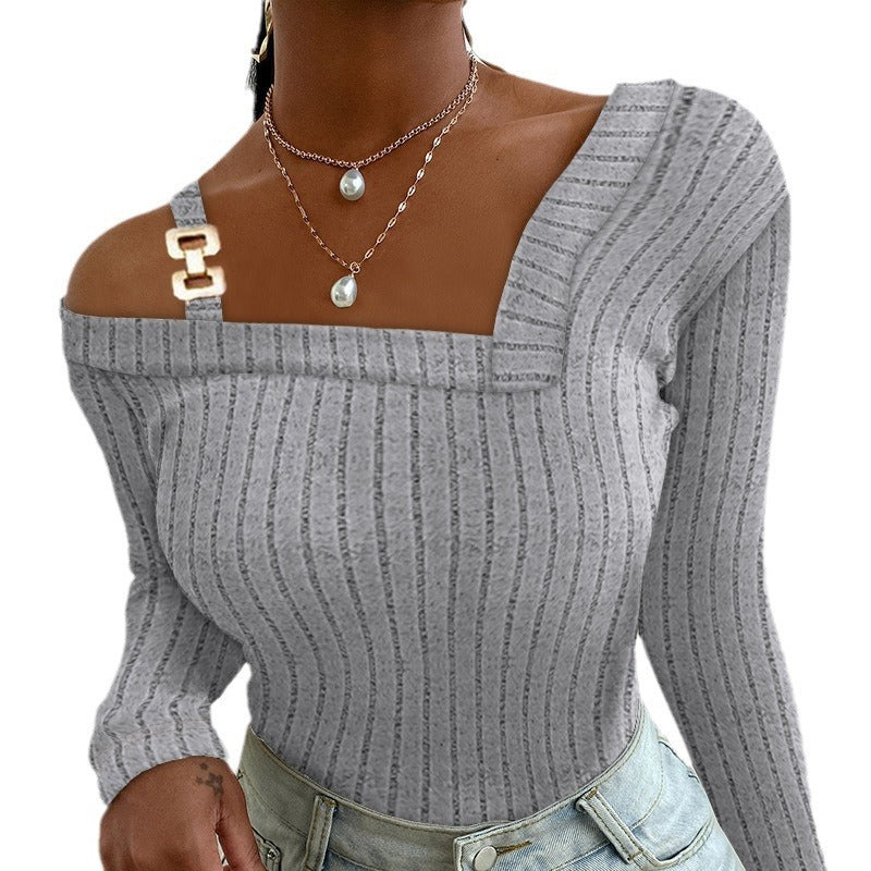 Damen Langarm-Oberteil mit asymmetrischem Ausschnitt und dekorativem Design R&B
