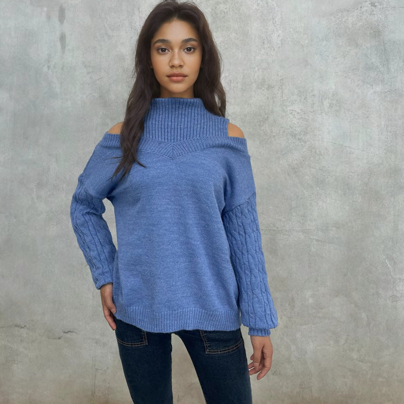 Damen Pullover mit schulterfreien Ärmeln und Zopfmuster R&B