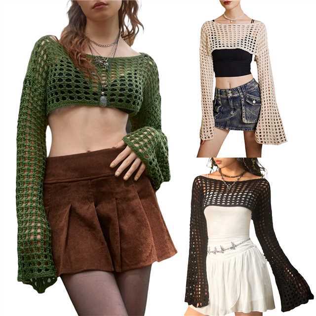 Damen luftiges gehäkeltes Crop-Top mit langen Ärmeln R&B