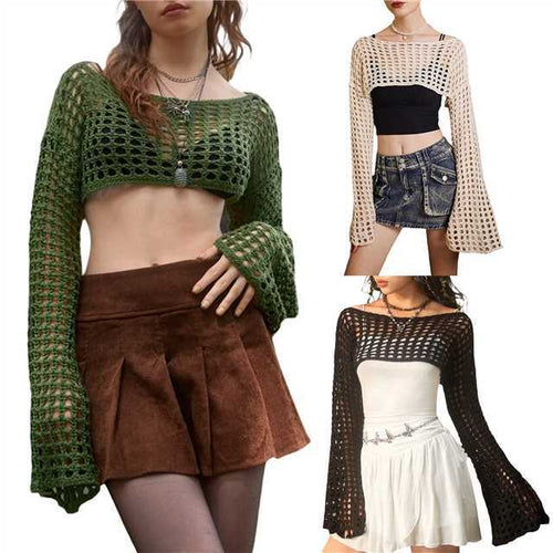 Damen luftiges gehäkeltes Crop-Top mit langen Ärmeln R&B