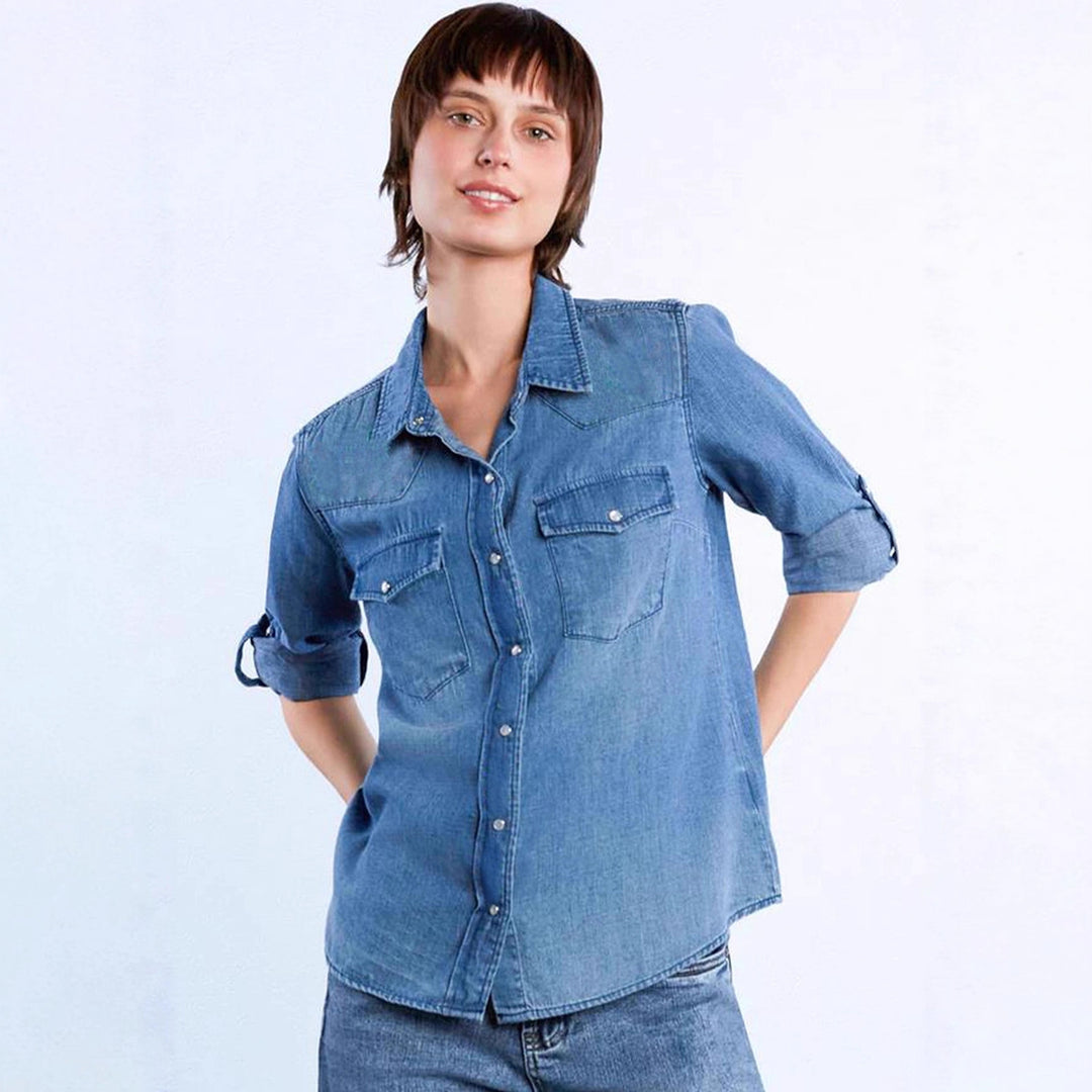 Damen lässige Denim-Bluse mit aufgesetzten Taschen und leicht tailliertem Schnitt R&B