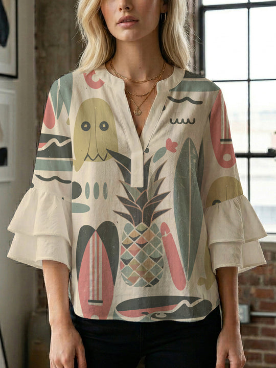 Damen Bluse mit voluminösen Rüschenärmeln und floralem Druck R&B