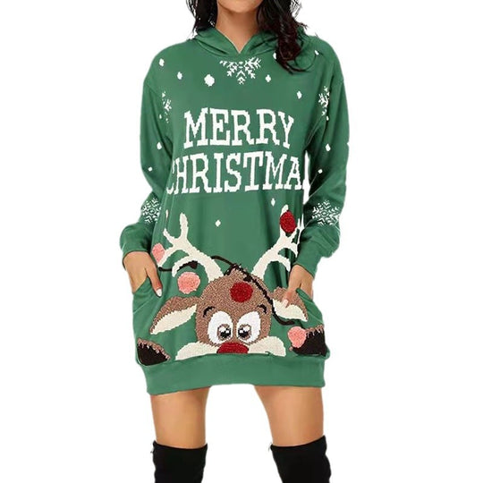 Damen Weihnachtlicher Hoodie-Kleid mit Kapuze und Taschen R&B