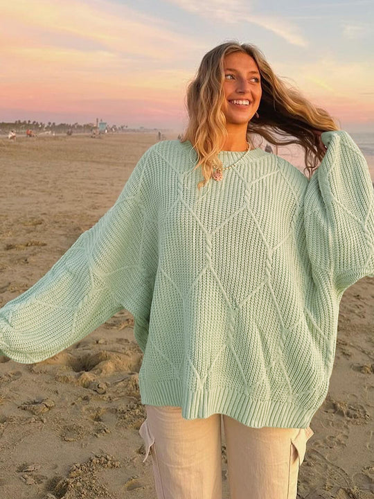 Damen Grobstrickpullover mit asymmetrischem Schnitt und weitem Bund R&B