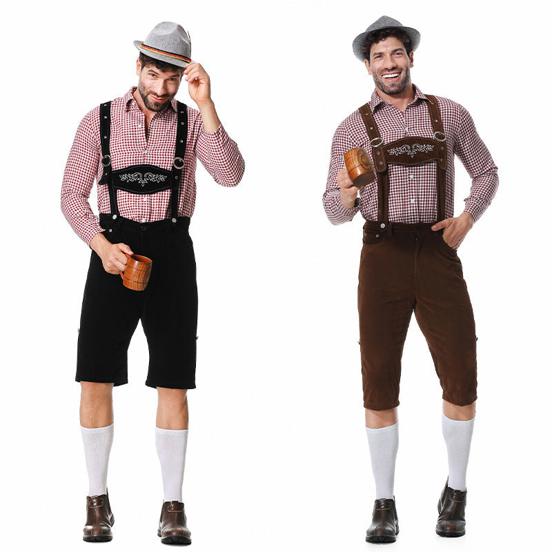 Herren nan kurze Trachtenlederhose in Veloursleder-Optik mit besticktem Brustlatz und verstellbaren Trägern R&B
