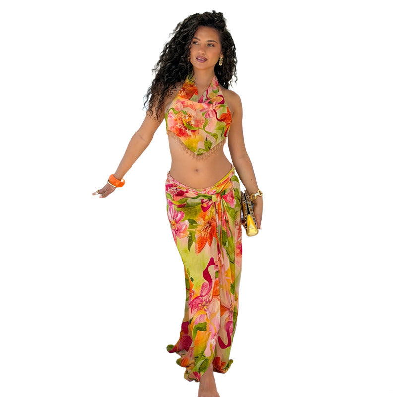 Damen florales Wickelkleid mit glamourösen Fransen und tiefem V-Ausschnitt R&B