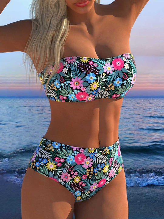 Damen Bandeau Bikini-Set mit tierischem Muster und hohem Taillenbund R&B