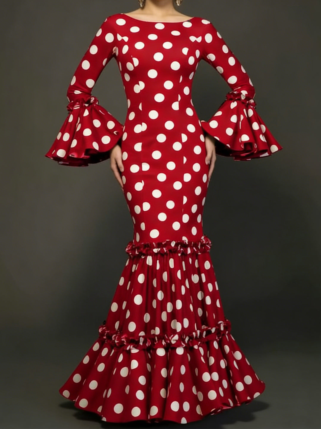 Damen Elegantes Maxikleid mit auffälligem Volant und Polka-Dots R&B