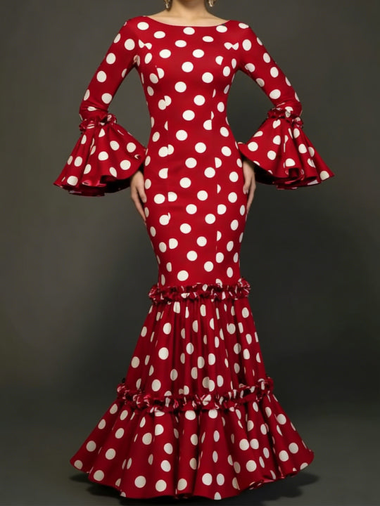 Damen Elegantes Maxikleid mit auffälligem Volant und Polka-Dots R&B