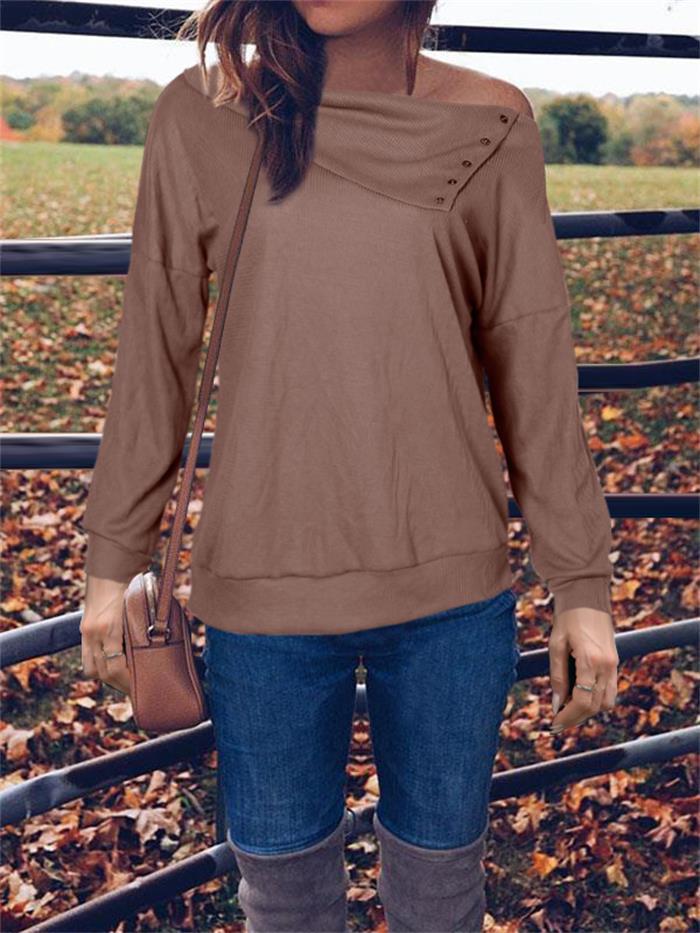 Damen eleganter Oversized Pullover mit asymmetrischem Halsausschnitt und Knopfdetails R&B