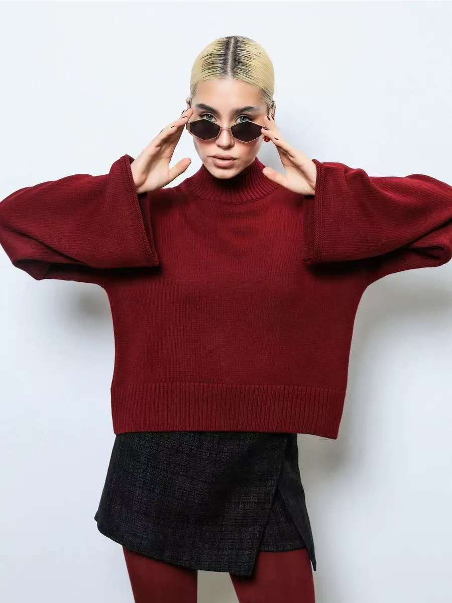 Damen Eleganter Oversized Pullover mit weitem Schnitt und Stehkragen R&B