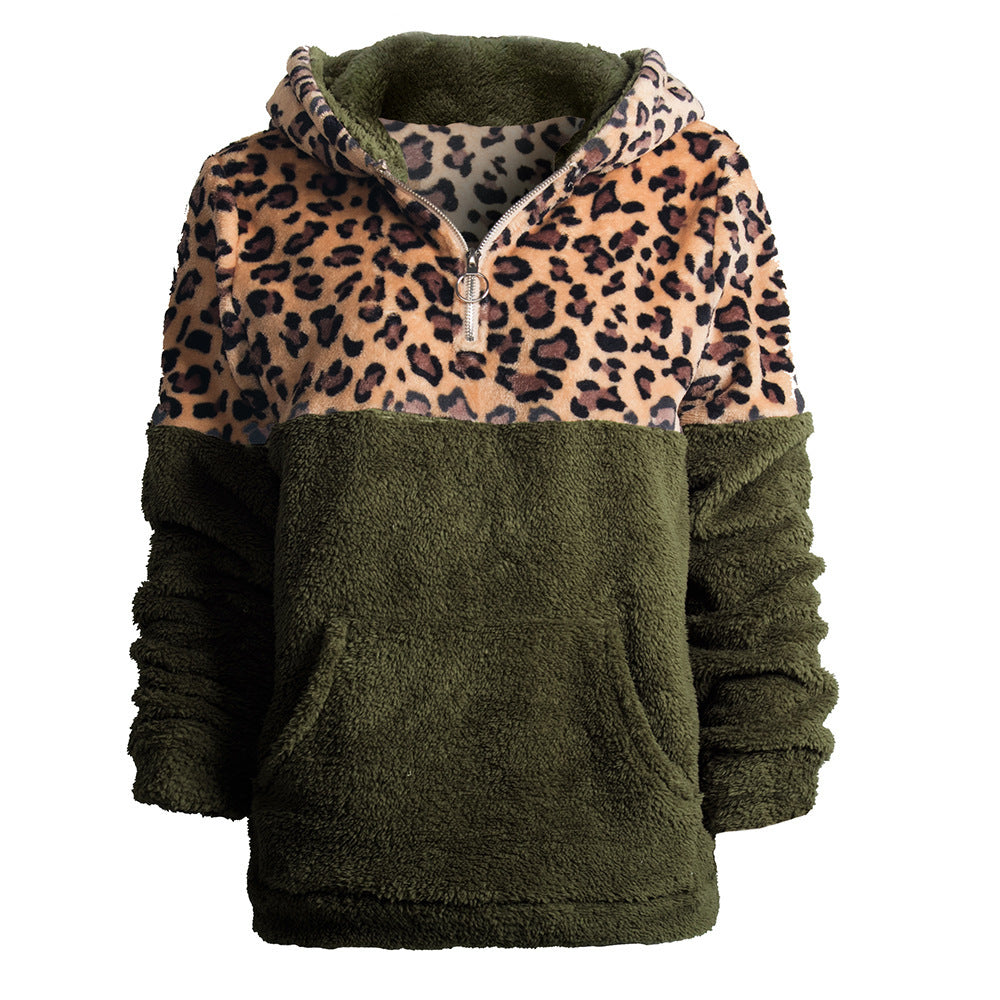 Damen kuscheliger Kapuzenpullover mit aufregendem Leopardenmuster und Kängurutasche R&B