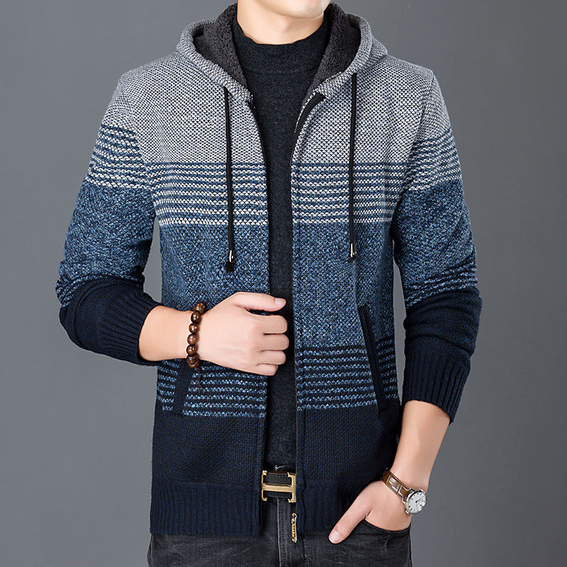 Herren Strickjacke mit Kapuze und modernen Blockstreifen R&B