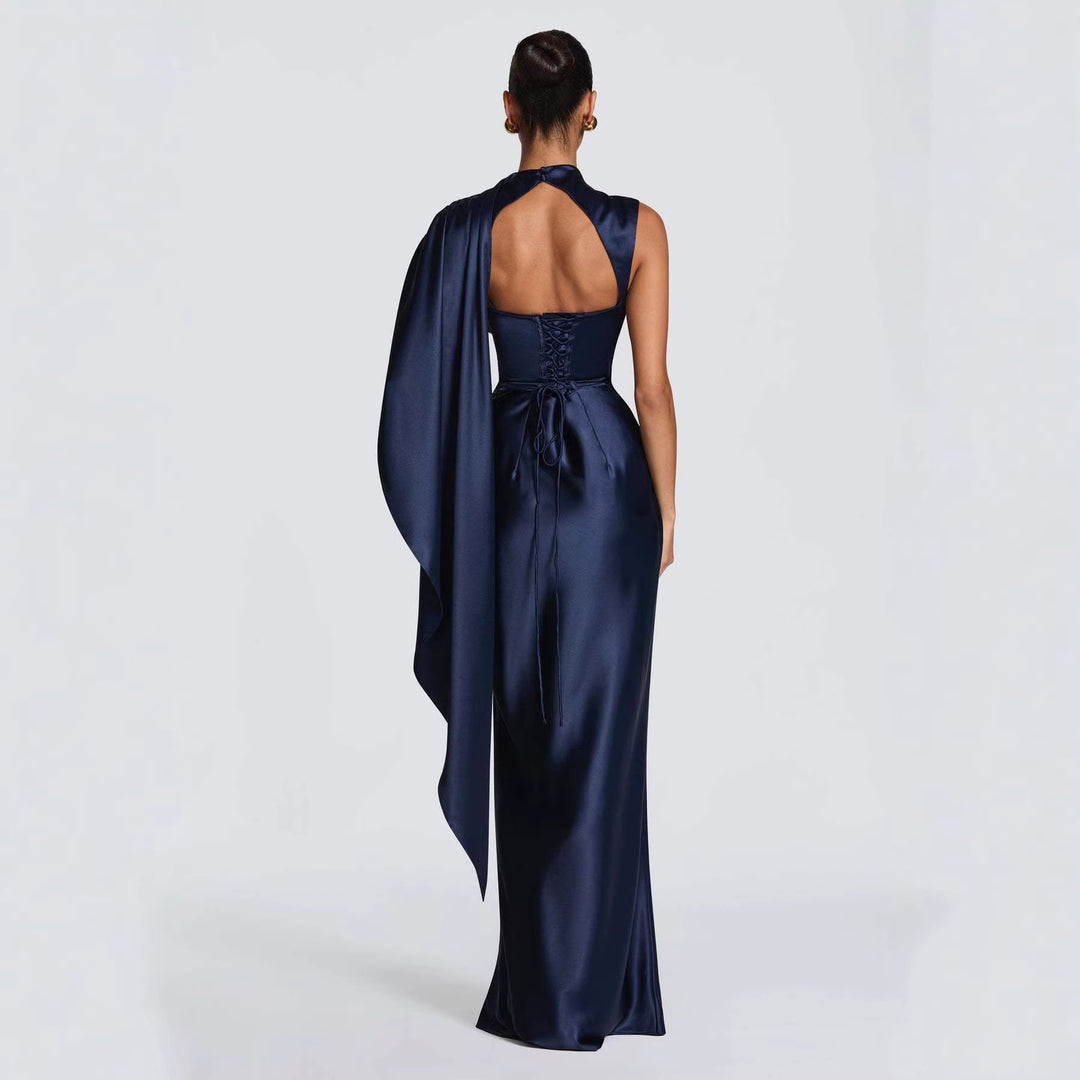 Damen Elegantes Maxikleid mit asymmetrischem Oberteil und fließendem Satin R&B