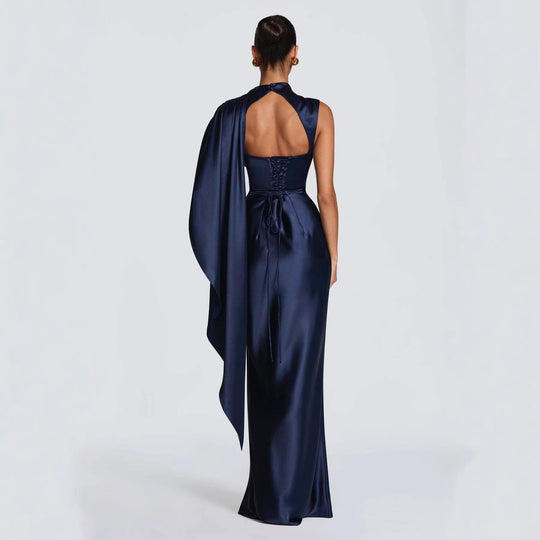 Damen Elegantes Maxikleid mit asymmetrischem Oberteil und fließendem Satin R&B