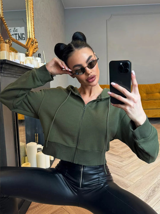 Damen Cropped Hoodie mit Reißverschluss und lässigem Schnitt R&B